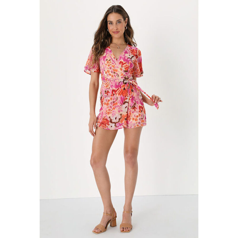 Lulus Playing Nice Peach Floral Print Short Sleeve Skort Romper Pink - Size L